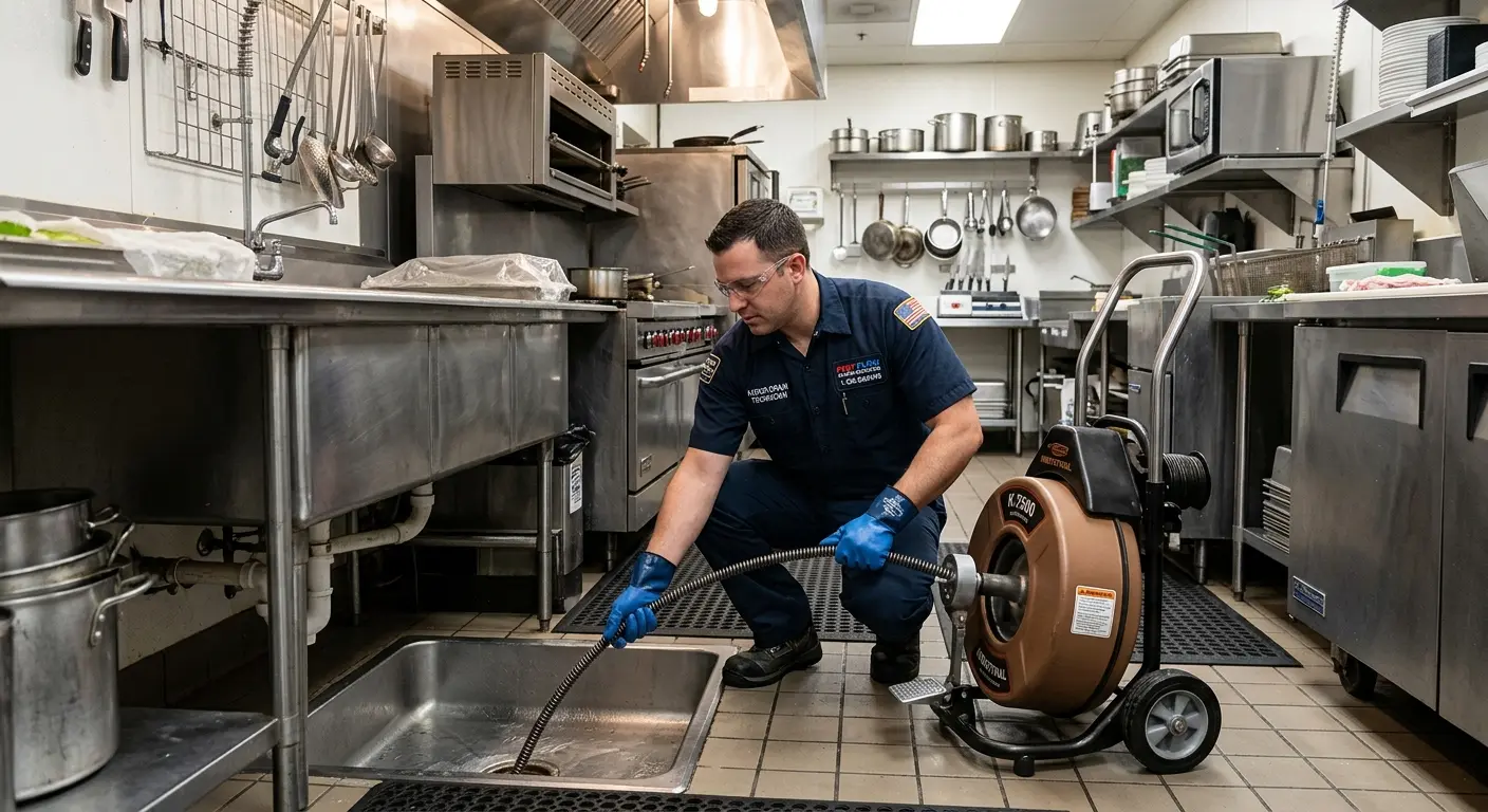 Commercial drain cleaning service in a restaurant kitchen in Kaufman
