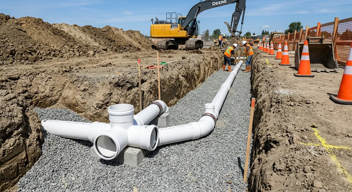 New PVC sewer pipe installation in open trench for Commercial Drain Cleaning in Kaufman