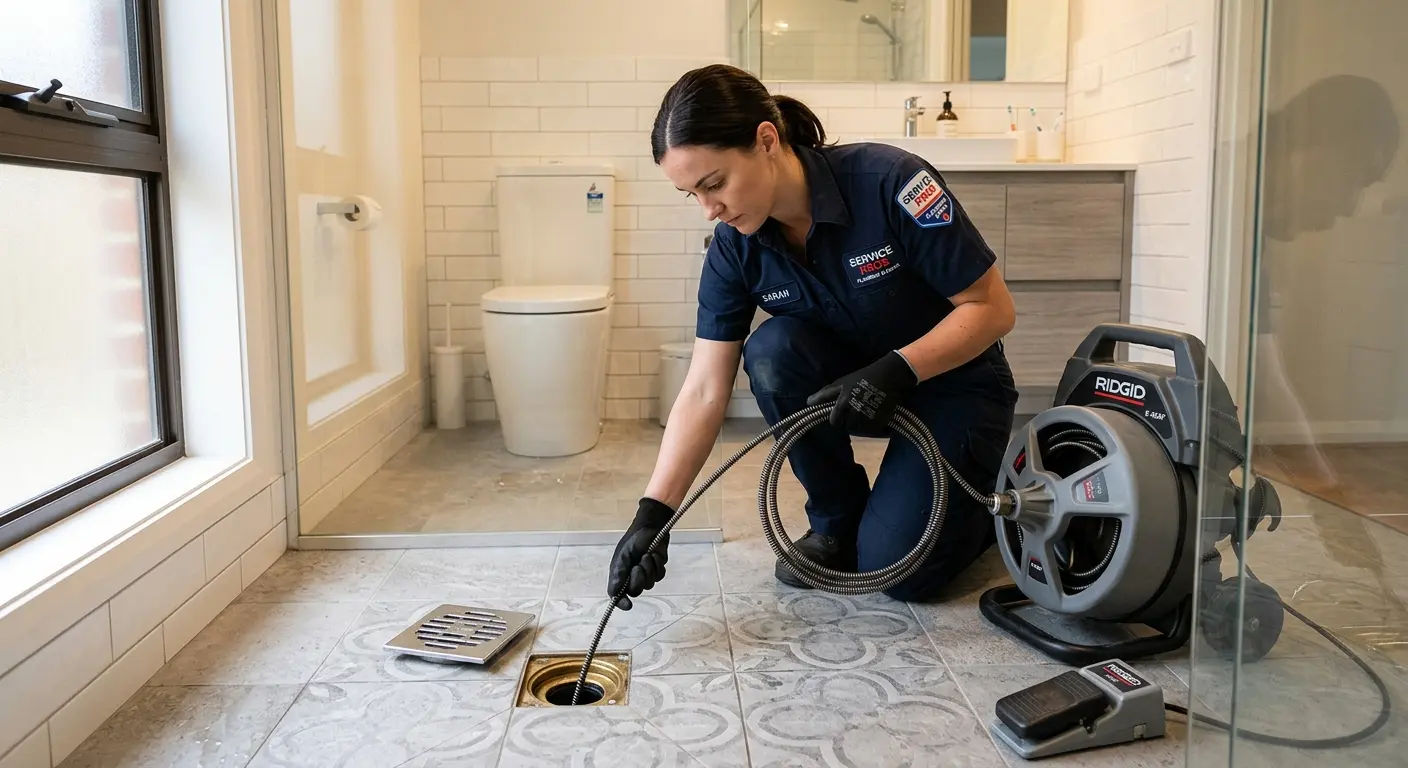 Technician clearing a bathroom floor drain for Drain Repair in Kaufman